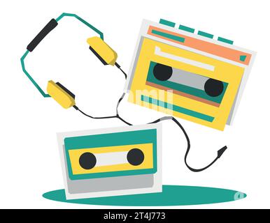 80s 90s portable player set, simple design, cassette, player, headphones in flat style, on white background Stock Vector