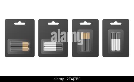 Vector 3d Realistic Two Alkaline Battery in the Black Paper Blister Icon Set Closeup Isolated. AA Size, Horizontal and Vertical Position. Design Stock Vector