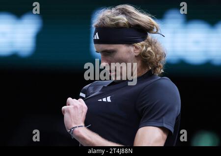 Paris, France. 31st Oct, 2023. Alexander Zverev reacts during the men's singles first round match between Marton Fucsovics of Hungary and Alexander Zverev of Germany at Paris ATP Masters 1000 tennis tournament in Paris, France, Oct. 31, 2023. Credit: Gao Jing/Xinhua/Alamy Live News Stock Photo