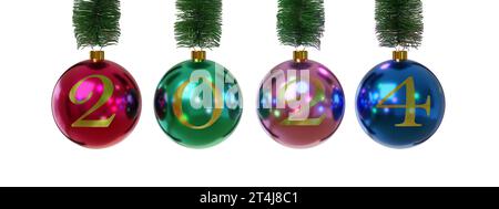 Christmas balls with the number 2024 isolated on white background. New year concept. 3d illustration. Stock Photo