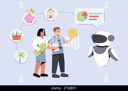 Artificial intelligence help calculate personal monthly budget. Flat family use AI powered chatbot for analyzing, planning, saving money. Financial management or cost control vector illustration. Stock Vector