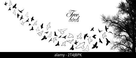 Silhouette of birds flying from the trees. Vector illustration. Art Design, Wall Decor isolated on white background. hand drawing. Not AI, Illustrat3 Stock Vector