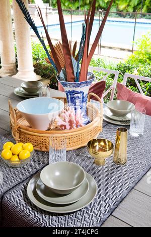 Dining table set for lunch Stock Photo