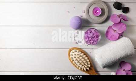 spa composition. bath items on white wooden table. banner with copy space Stock Photo