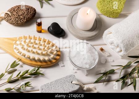 spa beauty treatment. group of skin care items on white wooden table Stock Photo