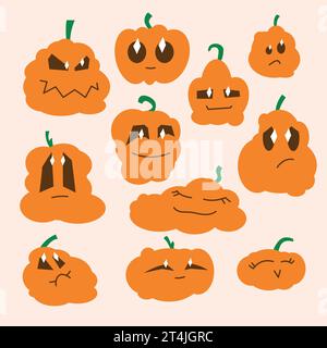 Cute pumpkin stickers character, emotion goodness, sadness, fun. Halloween pumpkins, vector graphics, for kids, Stock Vector