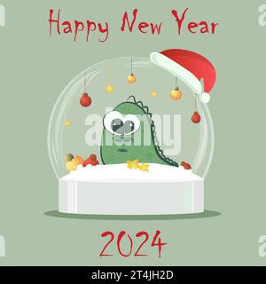 Christmas glass balloon filled with snow and colorful star balls. Cute green dragon and red Christmas hat. For a card. With text. Stock Vector