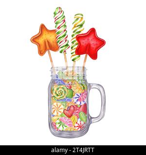 Glass jar filled with colorful candies. Mason jar with handle. Candies on stick. Lollipops in the shape of star, fruit caramel with striped swirls. Stock Photo