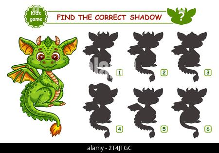 Cute fantasy dragon monster, dinosaur, find correct shadow shape. Children education puzzle matching game. Fairy fire lizard animal character. Vector Stock Vector