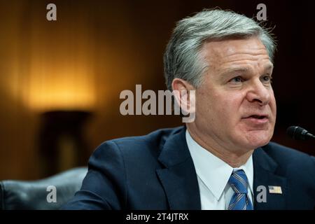 Washington, USA. 31st Oct, 2023. FBI Director Christopher Wray testifies during a Senate Homeland Security Committee hearing on threats to the homeland, at the U.S. Capitol, in Washington, DC, on Tuesday, October 31, 2023. (Graeme Sloan/Sipa USA) Credit: Sipa USA/Alamy Live News Stock Photo