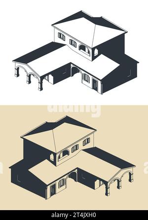 Stylized vector isometric illustration of a Mediterranean style manor house Stock Vector