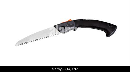 Folding  garden saw. Garden saw in the folded state isolated on a white background. Stock Photo