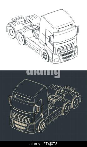 Stylized vector illustrations of blueprints of truck tractor Stock Vector