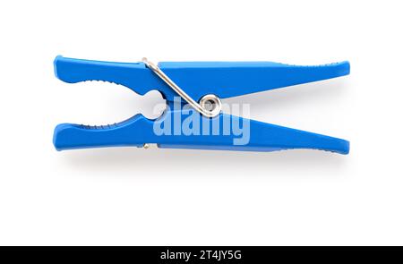 Blue plastic clothespin on a white background.with clipping path Stock Photo