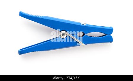 Blue plastic clothespin on a white background.with clipping path Stock Photo