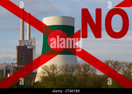 On the cooling tower of the nuclear power plant, the flag of Bangladesh is depicted, the image is crossed out with red lines, next to it is the inscri Stock Photo