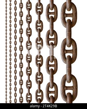 various sizes of old rusty  chain, isolated on a white background, can be connected an unlimited number of each. Stock Photo