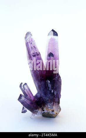 Amethyst crystals. Amethyst is a violete quartz variety, violet or purple color is due to iron presence. Stock Photo