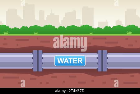 iron pipe with water underground. flat vector illustration. Stock Vector