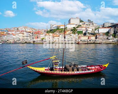 Rabelo Fishing Boats with Wine Barrels, Douro River, Ribeira, from Vila Nova de Gaia  Porto, Oporto, Portugal, Europe Stock Photo
