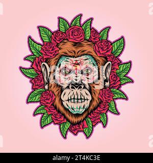 Monkey muertos floral sugar skull vector illustrations for your work logo, merchandise t-shirt, stickers and label designs, poster, greeting cards adv Stock Vector