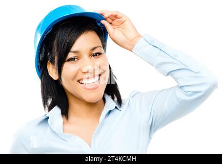 Happy mixed race business woman architect holding blue print isolated on white background. a young businesswoman working in construction against a Stock Photo