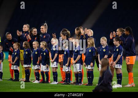 31st October 2023; Hampden Park, Glasgow, Scotland: UEFA Womens Nations League, Scotland versus Netherlands; Netherlands players during their national anthem Stock Photo