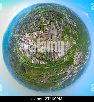 Aerial view, Neheim-Mitte, City, Bahnhofstraße, Trilux factory, Hüsten train station, globe, fisheye shot, 360 degree shot, Neheim, Arnsberg, Sauerlan Stock Photo