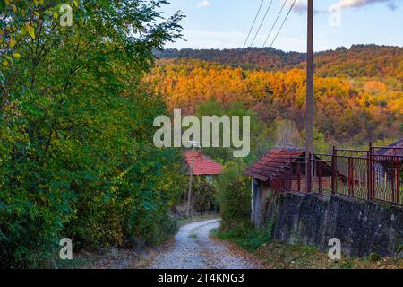 A gravel road winding through a village, descending a hill, flanked by very old rural houses and tree lined paths Stock Photo