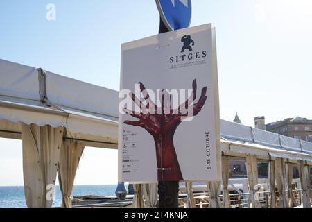 Poster of Sitges Film Festival on the beach of Sitges in Catalonia, Spain Stock Photo