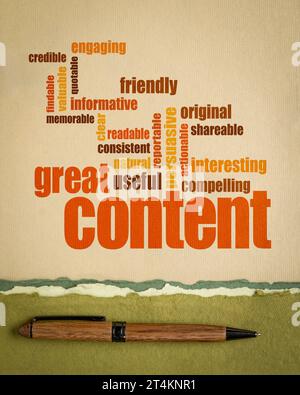 business writing and content marketing concept - great content word cloud on art paper, vertical poster Stock Photo