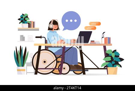 disabled woman operator with headset in wheelchair girl chatting with clients customer service rep people with disabilities concept Stock Vector