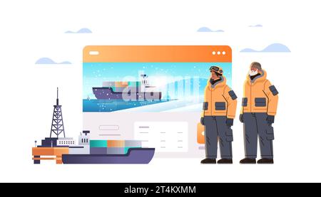 oilmen or gasmen standing together near facility station workers in uniform technician maintenance expedition service concept Stock Vector