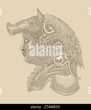 Man with boar mask in side view, vintage engraving drawing style illustration Stock Vector