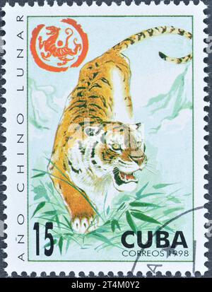 Cancelled postage stamp printed by Cuba, that shows Tiger, Chinese New Year 1998 - Year of the Tiger, circa 1998. Stock Photo