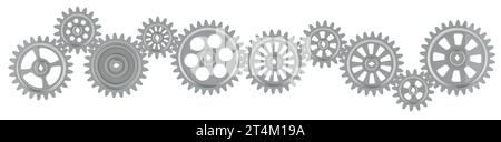 Row from steel cogs and gear wheels, 3D rendering isolated on white background Stock Photo