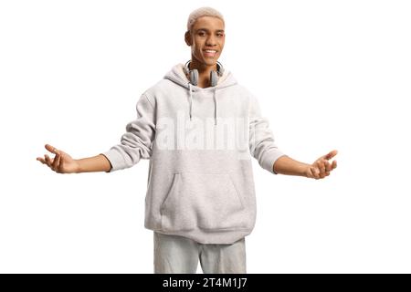 African american gen z guy with headphones isolated on white background Stock Photo
