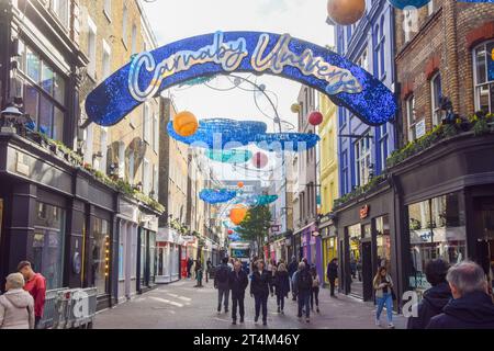 London, UK. 31st Oct, 2023. This year's winter decorations, themed 'Carnaby Universe', have been unveiled in the iconic Carnaby Street. (Credit Image: © Vuk Valcic/SOPA Images via ZUMA Press Wire) EDITORIAL USAGE ONLY! Not for Commercial USAGE! Stock Photo