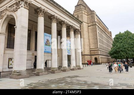 Manchester library in Manchester city centre, exterior of this stone column building,England,UK,2023 Stock Photo