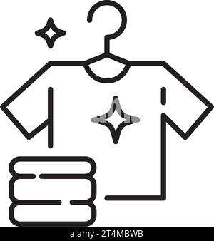 High quality laundry service. Sparkling clean t shirt and folded towels. Pixel perfect, editable stroke Stock Vector
