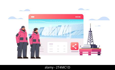 oilmen or gasmen standing together near facility station workers in uniform technician maintenance expedition service concept Stock Vector