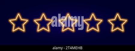 5 stars rating yellow neon glow on dark background vector. Glowing rank rates with laser led illumination for design Stock Vector