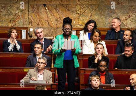 Paris, France. 31st Oct, 2023. Danièle Obono, deputy of La France Insoumise (NUPES), speaks during the session of questions to the government at the National Assembly. A weekly session of questions to the French government in the National Assembly at Palais Bourbon, in Paris. Credit: SOPA Images Limited/Alamy Live News Stock Photo