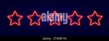 5 stars rating red neon glow on dark background vector. Glowing rank rates with laser led illumination for design Stock Vector