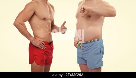 before obesity after slimming of men body in studio. cropped view of men with before obesity after slimming. photo of before obesity after slimming. b Stock Photo