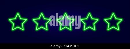 5 stars rating green neon glow on dark background vector. Glowing rank rates with laser led illumination for design Stock Vector
