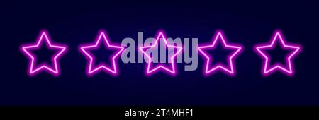 5 stars rating purple neon glow on dark background vector. Glowing rank rates with laser led illumination for design Stock Vector