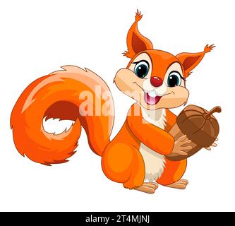 A joyful red cartoon squirrel, with a fluffy tail, holds an acorn in its paws. Squirrel on a white background. Stock Vector