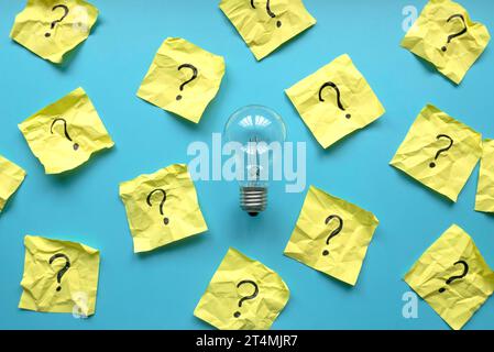 Light bulb with a questions symbol written on a yellow paper over a blue background. Stock Photo