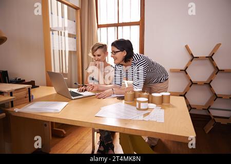 You have to check this video out...A cropped shot of two women using a laptop in a home office. Stock Photo